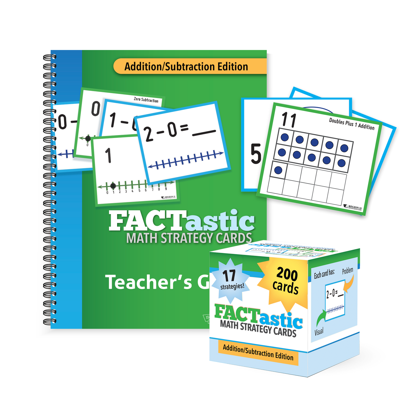 Preview of the green and blue spiral-bound Teacher's Edition for the FACTastic Math Strategy Cards for Addition/Subtraction. The box and cards are also featured.