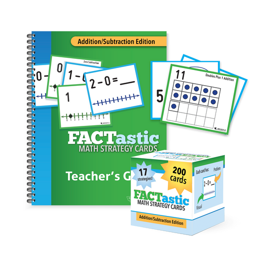 Preview of the green and blue spiral-bound Teacher's Edition for the FACTastic Math Strategy Cards for Addition/Subtraction. The box and cards are also featured.