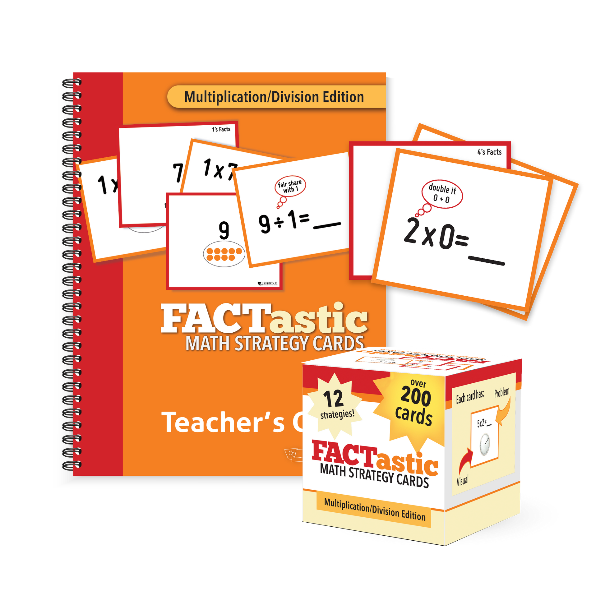 Preview of the orange and red spiral-bound Teacher's Edition for the FACTastic Math Strategy Cards for Multiplication/Division. The box and cards are also featured