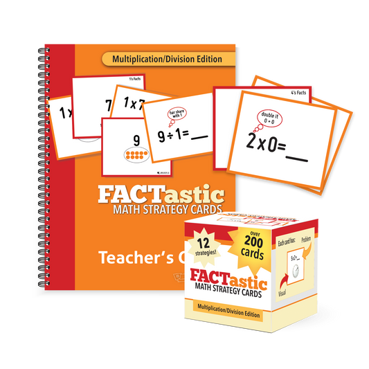 Preview of the orange and red spiral-bound Teacher's Edition for the FACTastic Math Strategy Cards for Multiplication/Division. The box and cards are also featured