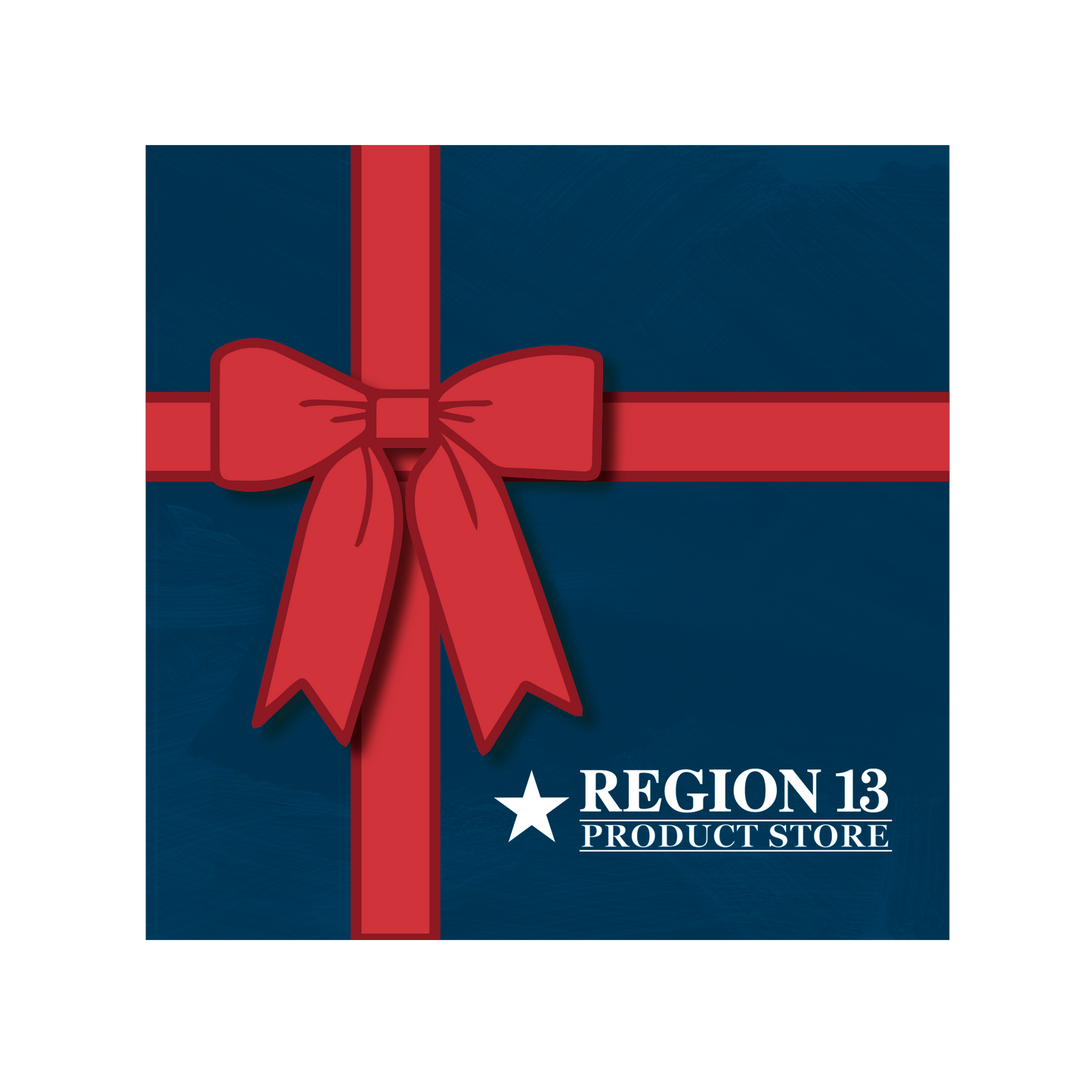 Blue square with a red bow and the Region 13 Product Store logo