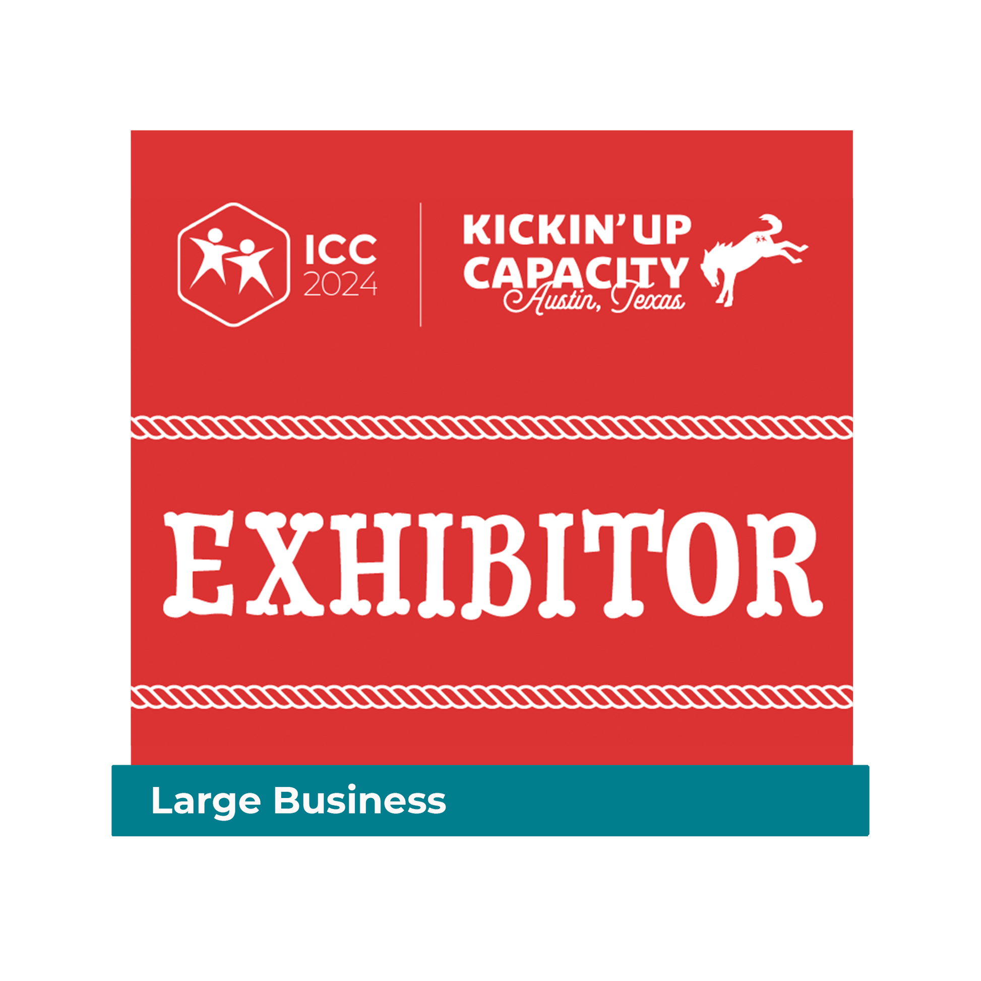 White logo on a red background for ICC 2024 with text about the exhibitor opportunity with a horse graphic kicking it's hind legs up.