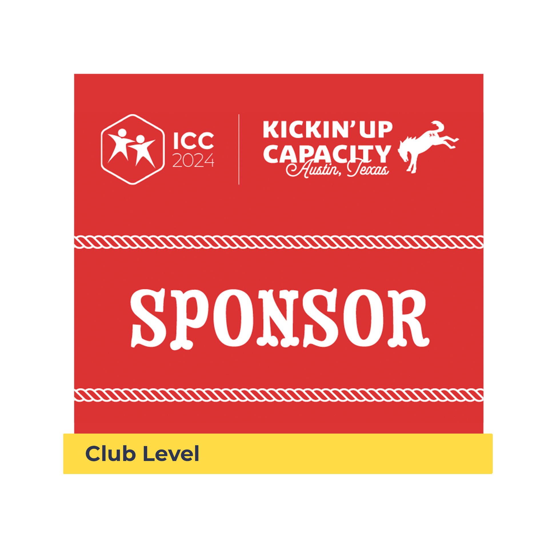 White logo on a red background for ICC 2024 with text about the sponsor opportunity with a horse graphic kicking it's hind legs up.