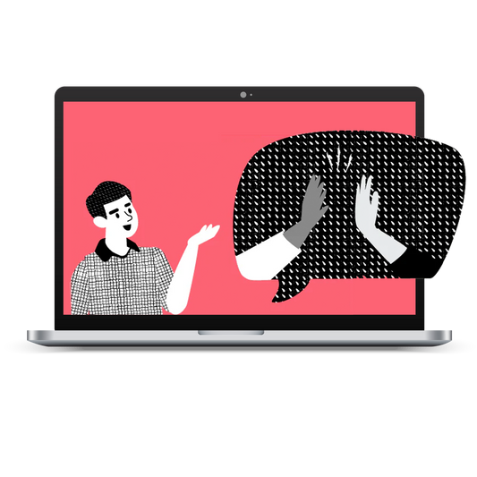 Open laptop with a salmon background displaying a drawing of a man with his hand pointing to a talking bubble that has two hands giving a high five