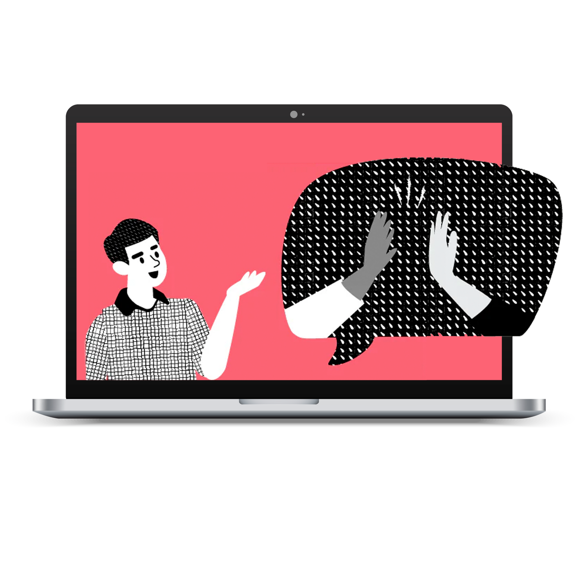 Open laptop with a salmon background displaying a drawing of a man with his hand pointing to a talking bubble that has two hands giving a high five