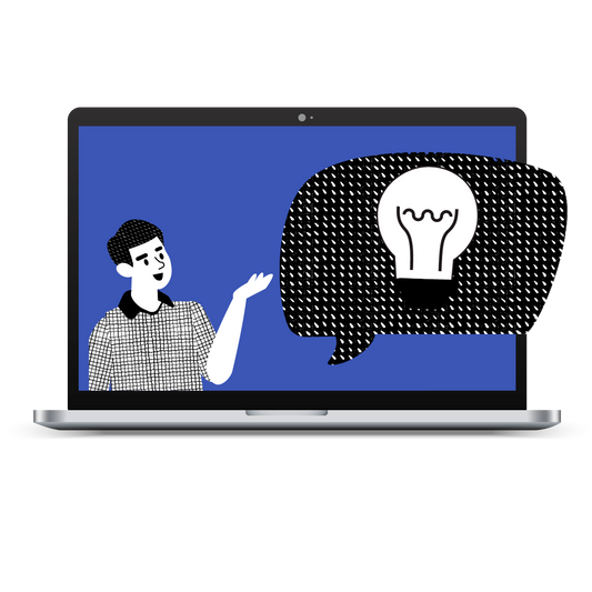Laptop screen displaying a blue background with a drawing of a guy holding out his hand toward a thought bubble with a light bulb inside of it. 