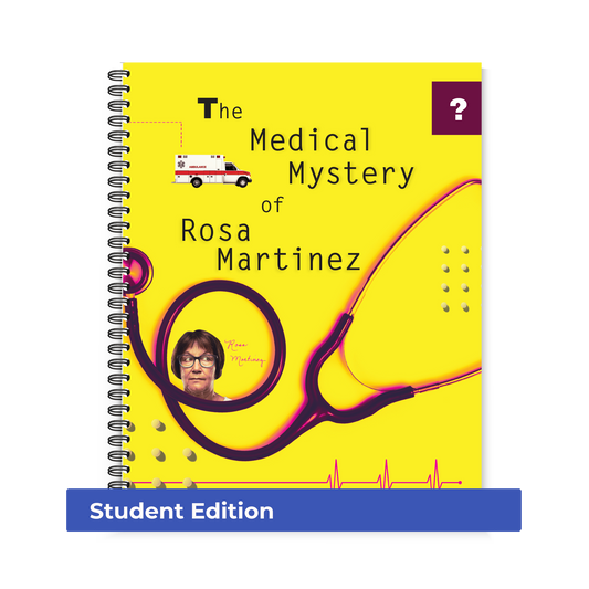 Preview of the yellow cover featuring a woman's face wearing glasses and a large stethoscope across the front of Region 13's The Medical Mystery of Rosa Martinez (Student Edition, Spiral-Bound) book.