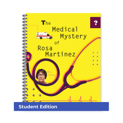 Preview of the yellow cover featuring a woman's face wearing glasses and a large stethoscope across the front of Region 13's The Medical Mystery of Rosa Martinez (Student Edition, Spiral-Bound) book.