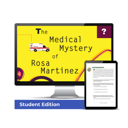 Computer screen with a preview of the downloadable PDFs for the The Medical Mystery of Rosa Martinez: Campus License: Student Edition product. 