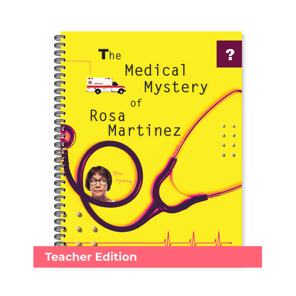 Preview of the yellow cover featuring a woman's face wearing glasses and a large stethoscope across the front of Region 13's The Medical Mystery of Rosa Martinez (Teacher Edition, Spiral-Bound) book.