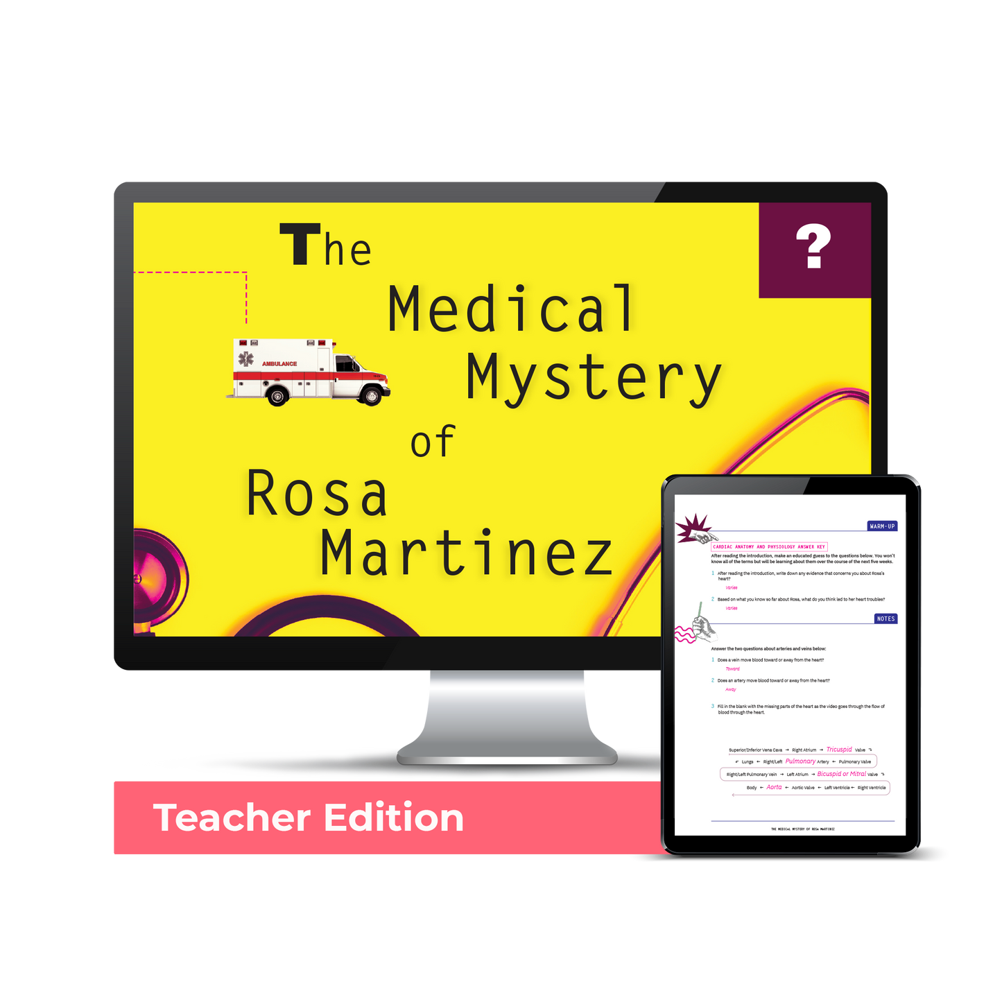 Computer screen with a preview of the downloadable PDFs for the The Medical Mystery of Rosa Martinez: Campus License: Teacher Edition product. 
