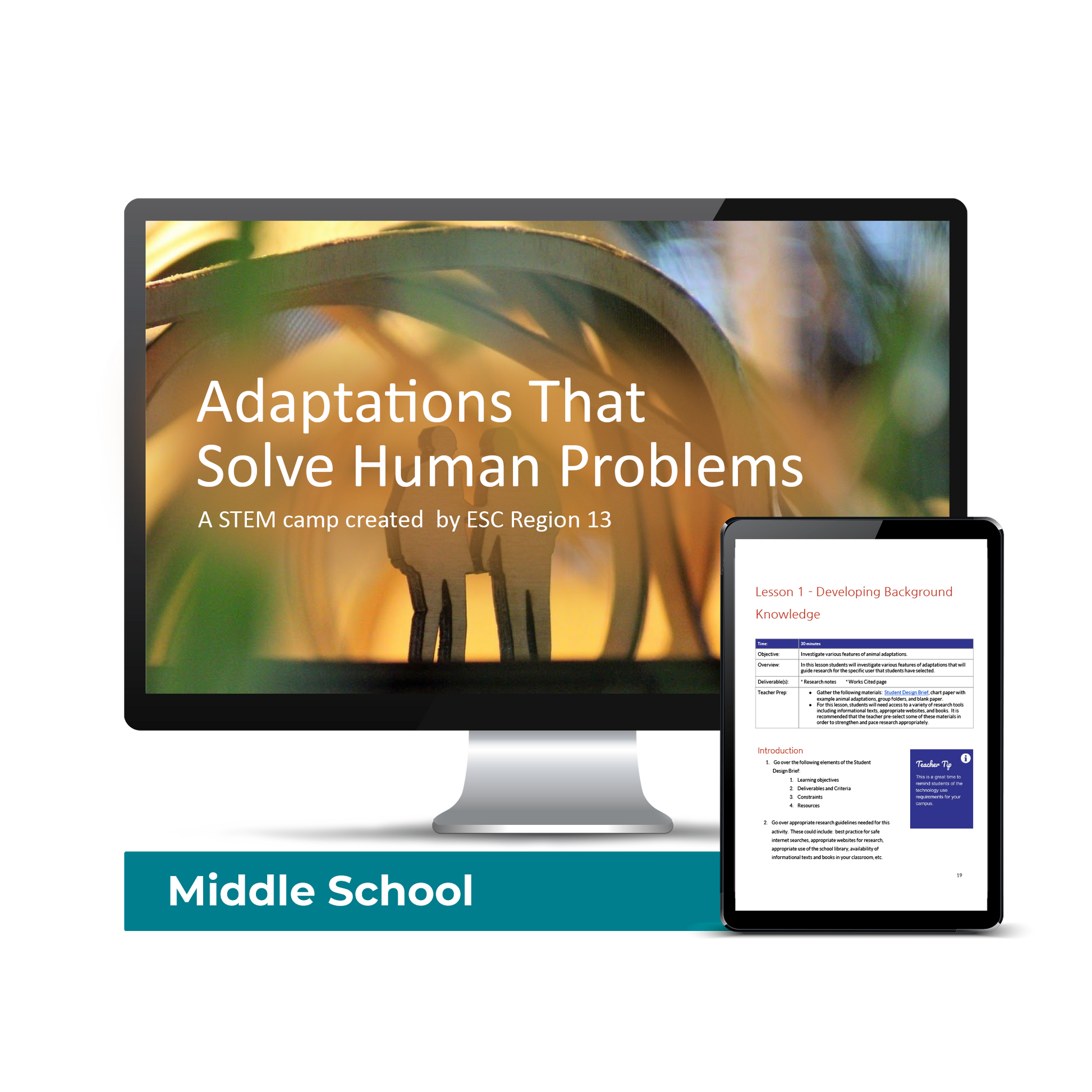 Computer screen with a preview of the downloadable PDF for the Middle School STEM Camp - Adaptations That Solve Human Problems product. 
