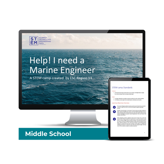 Computer screen with a preview of the downloadable PDF for the Middle School STEM Camp - Help! I Need A Marine Engineer product. 