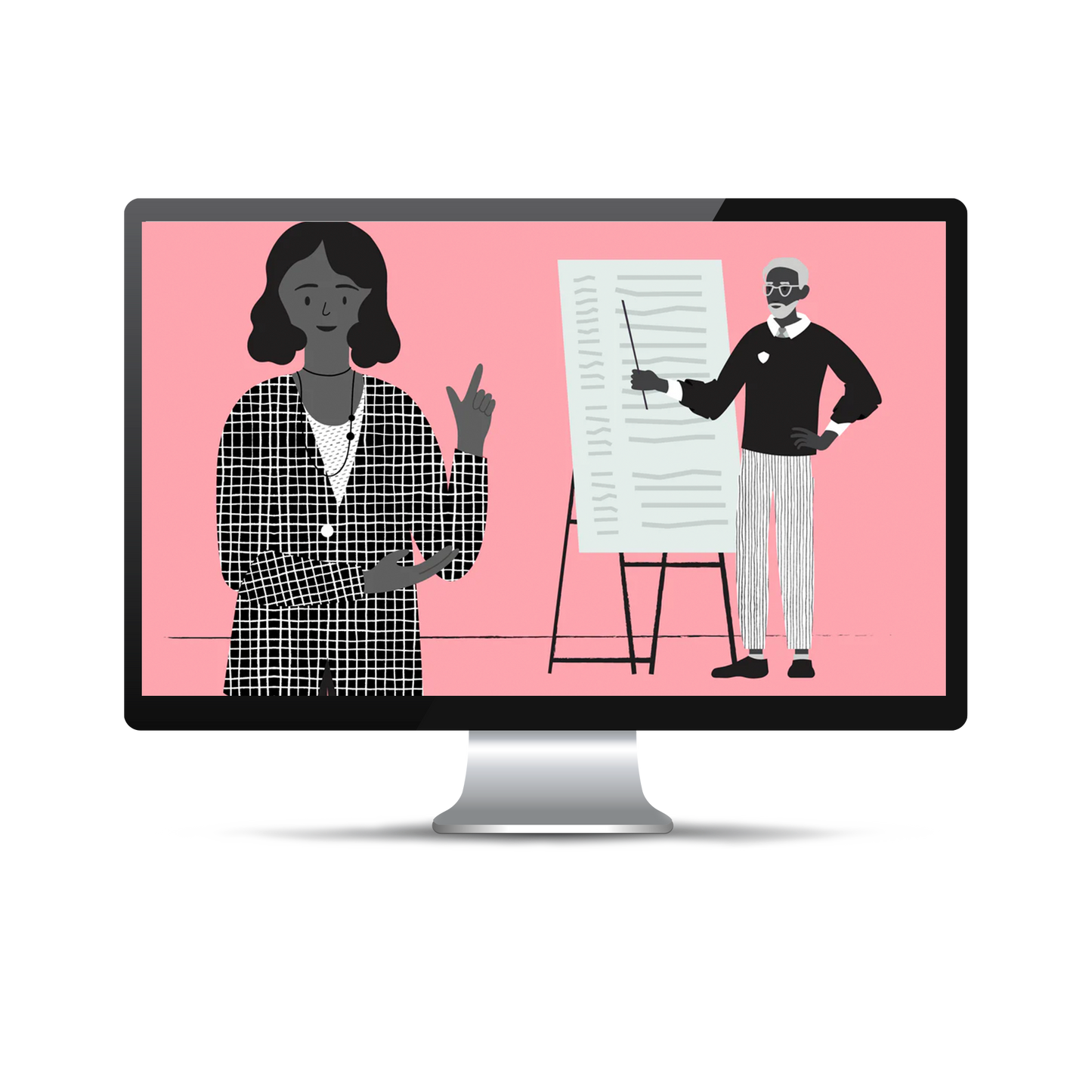 Computer screen with a salmon background displaying a drawing of a woman and man co-presenting information. 