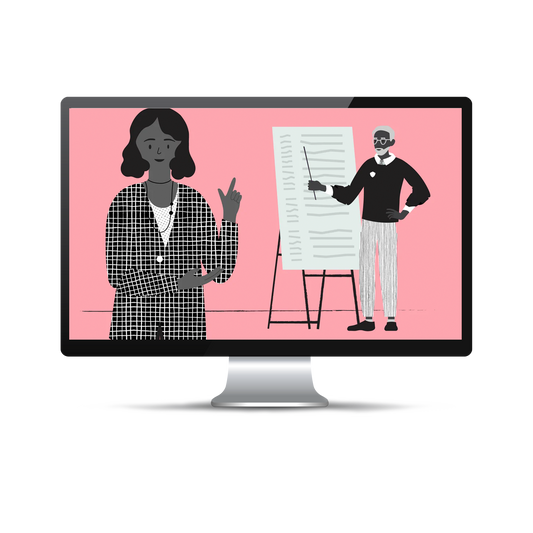 Computer screen with a salmon background displaying a drawing of a woman and man co-presenting information. 