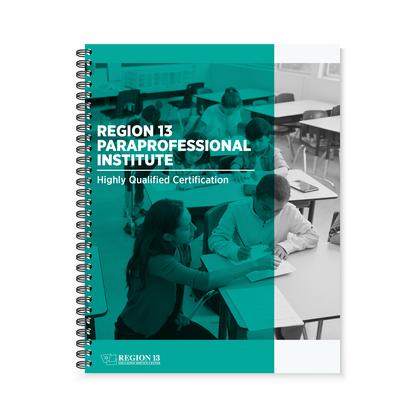 Teal and Gray cover of The Paraprofessional Institute Guidebook Spiral-Bound book featuring a teacher assisting seated students.