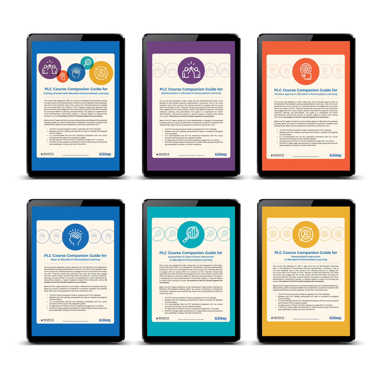 6 Tablets showcasing previews of the 6 different PLC Course Guide PDFs