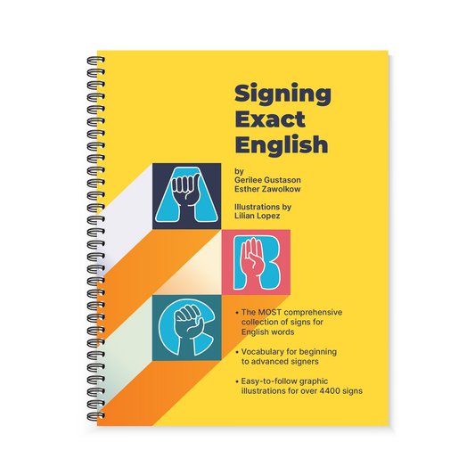 Preview of the orange and yellow cover featuring illustrated hands demonstrating the sign language graphics for letter A, B, and C on the front of Region 13's Signing Exact English - Full Size Dictionary book.