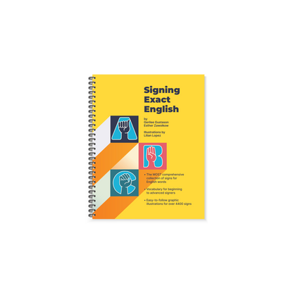 Preview of the orange and yellow cover featuring illustrated hands demonstrating the sign language graphics for letter A, B, and C on the front of Region 13's Signing Exact English - Pocket Size Dictionary book. 