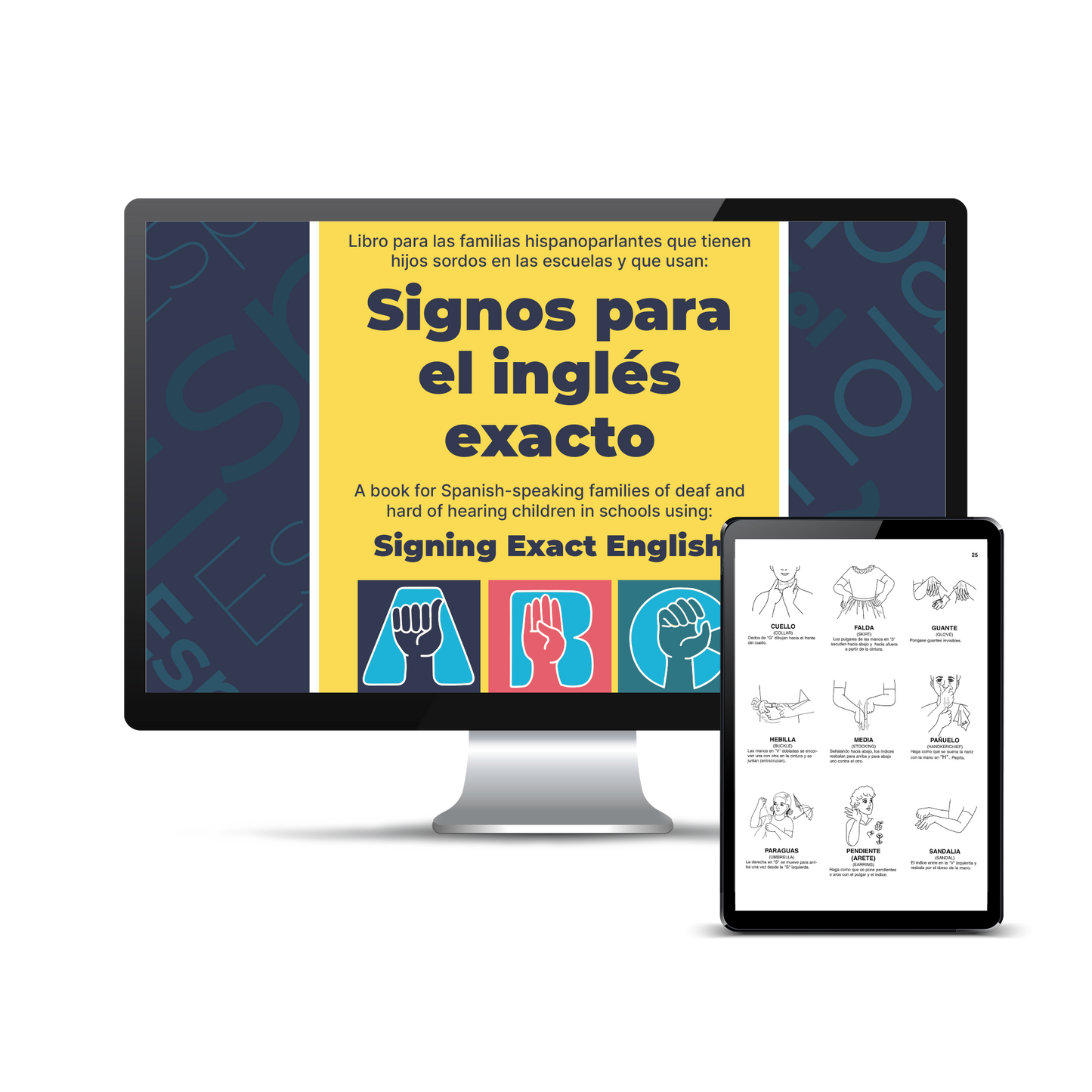 Computer and tablet screen displaying a preview of the Signos para el inglés exacto (Signing Exact English) Dictionary (Digital Download) product. 
