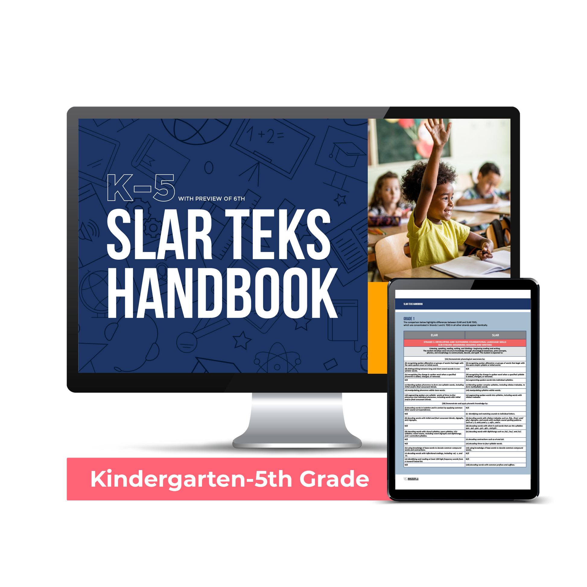 Computer screen with a preview of the downloadable PDF for the SLAR TEKS Handbook: K-5 product. 