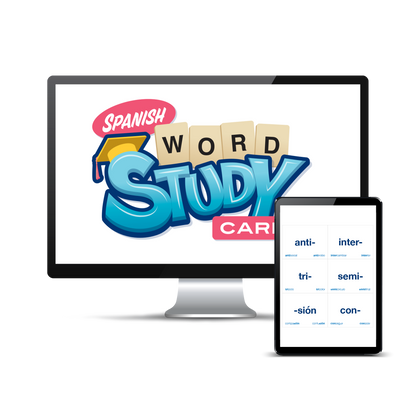Computer screen with a preview of the downloadable PDF for the Spanish Word Study Cards - Phonics and Morphology product.