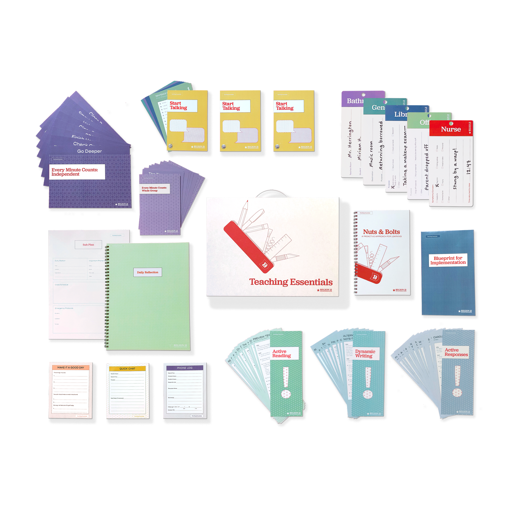 Preview of all the tools, decks, notepads, and supplies included in the Teaching Essentials Kit