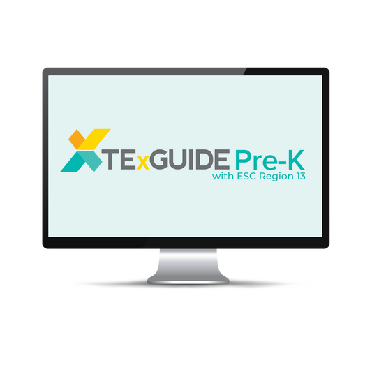 Computer screen with a light blue background displaying the TexGuide Pre-K logo. 