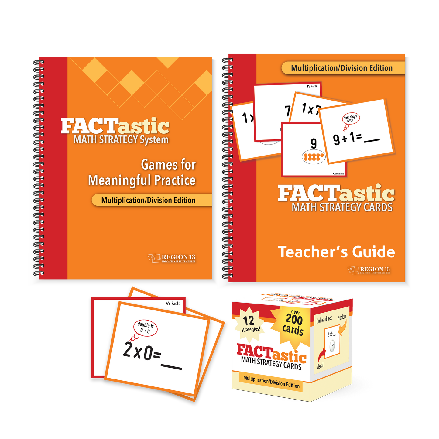 Preview of the Multiplication/Division FACTastic bundle items that include two Spiral Bound texts for Teachers and Math Strategy cards.