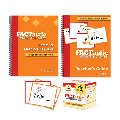 Preview of the Multiplication/Division FACTastic bundle items that include two Spiral Bound texts for Teachers and Math Strategy cards.