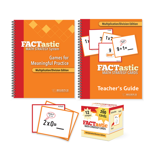 Preview of the Multiplication/Division FACTastic bundle items that include two Spiral Bound texts for Teachers and Math Strategy cards.