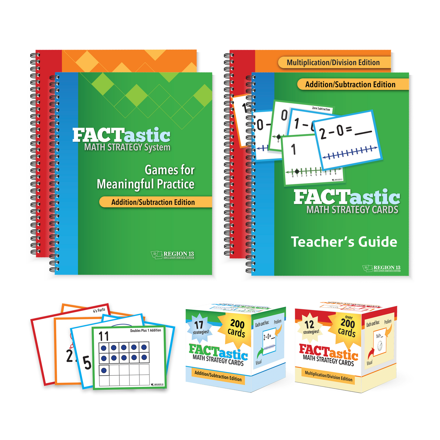 Preview of all of the items included in the complete FACTastic Bundle. Preview of the four spirals for teachers and the strategy card decks for students. The bundle preview shows items for Addition, Subtraction, Multiplication and Division