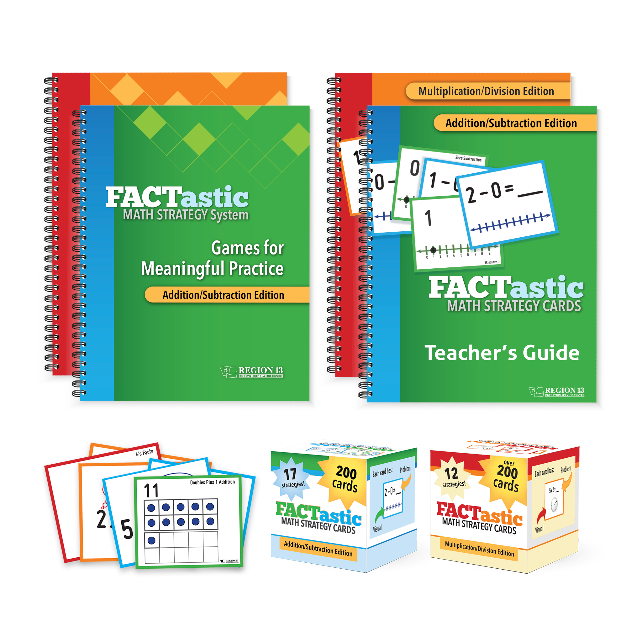 Preview of all of the items included in the complete FACTastic Bundle. Preview of the four spirals for teachers and the strategy card decks for students. The bundle preview shows items for Addition, Subtraction, Multiplication and Division