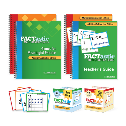 Preview of all of the items included in the complete FACTastic Bundle. Preview of the four spirals for teachers and the strategy card decks for students. The bundle preview shows items for Addition, Subtraction, Multiplication and Division