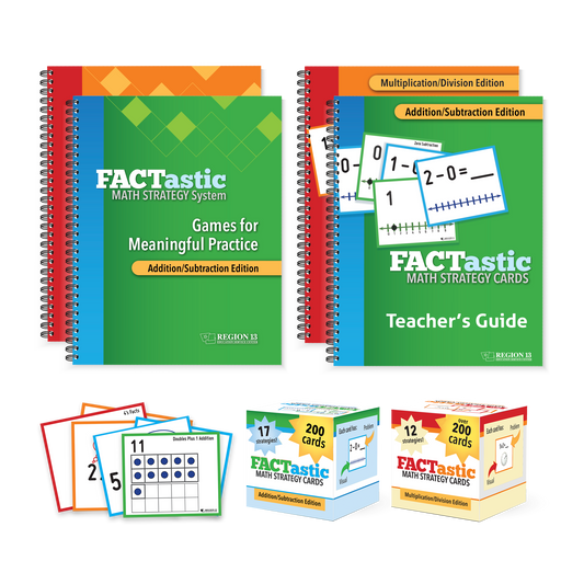 Preview of all of the items included in the complete FACTastic Bundle. Preview of the four spirals for teachers and the strategy card decks for students. The bundle preview shows items for Addition, Subtraction, Multiplication and Division