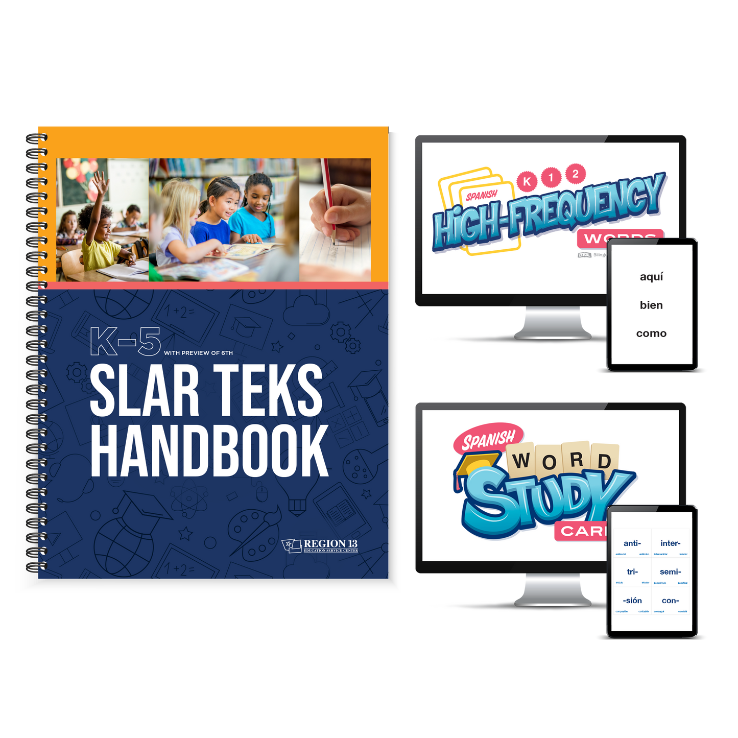 Preview of the yellow and navy front cover of the spiral-bound K-5 SLAR TEKS Handbook next to two laptops and tablets displaying a preview of the digital PDFs of the Spanish High-Frequency Words Cards and Spanish Word Study Cards that complete the products in teh Spanish Literacy Bundle. 