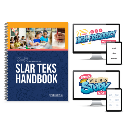 Preview of the yellow and navy front cover of the spiral-bound K-5 SLAR TEKS Handbook next to two laptops and tablets displaying a preview of the digital PDFs of the Spanish High-Frequency Words Cards and Spanish Word Study Cards that complete the products in teh Spanish Literacy Bundle. 