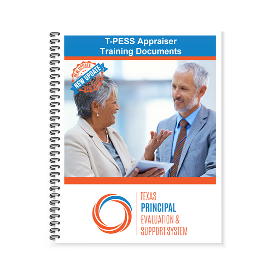 Cover image with a man and a woman talkling to each other on the front of the Region 13 T-PESS Appraiser Training Documents - 2020 Updated Rubric (Spiral-Bound) book.