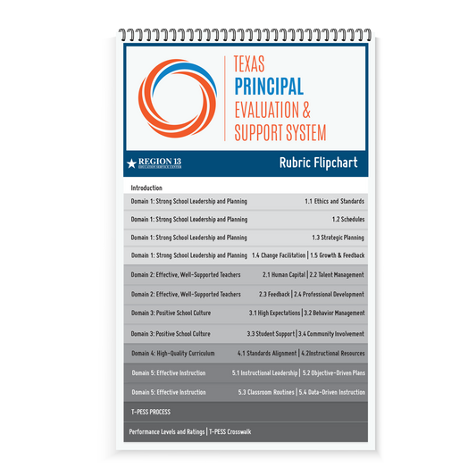 Preview of the blue, gray, and orange front of Region 13's flip book: T-PESS Rubric Flipchart (Spiral-Bound). 