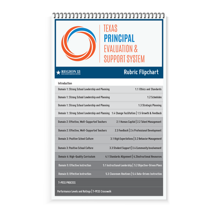 Preview of the blue, gray, and orange front of Region 13's flip book: T-PESS Rubric Flipchart (Spiral-Bound). 