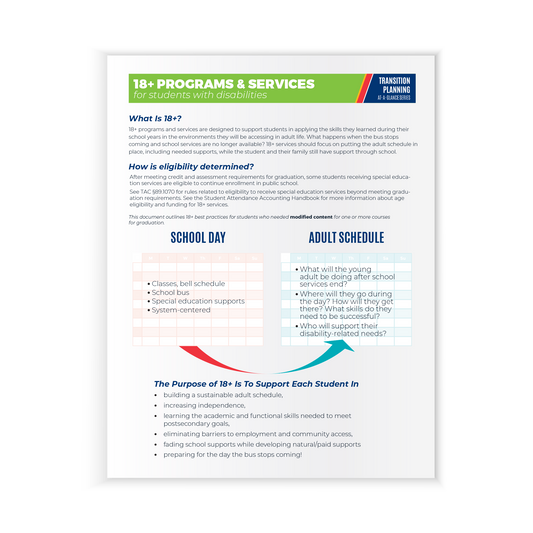 Preview of the first page of the Transition Planning At-A-Glance Series: 18+ Programs and Services (Paperback) featuring the differences between a School Day and Adult Schedule. 