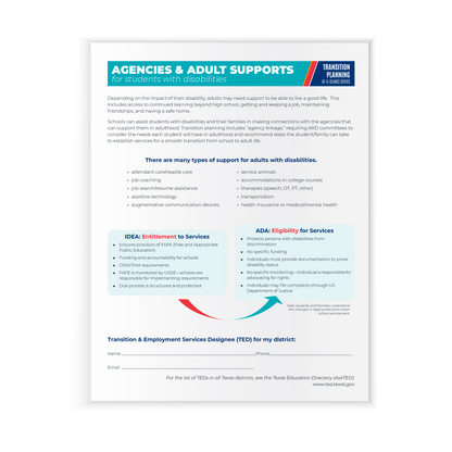 Preview of the first page of the Transition Planning At-A-Glance Series: Agencies and Adult Supports (Paperback) featuring various types of support for adults with disabilities. 