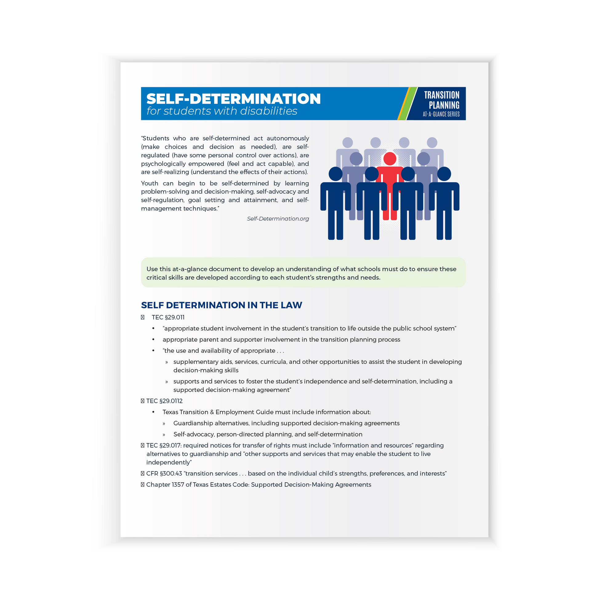 Preview of the first page of the Transition Planning At-A-Glance Series: Self-Determination (Paperback) featuring laws referenced in the guide.