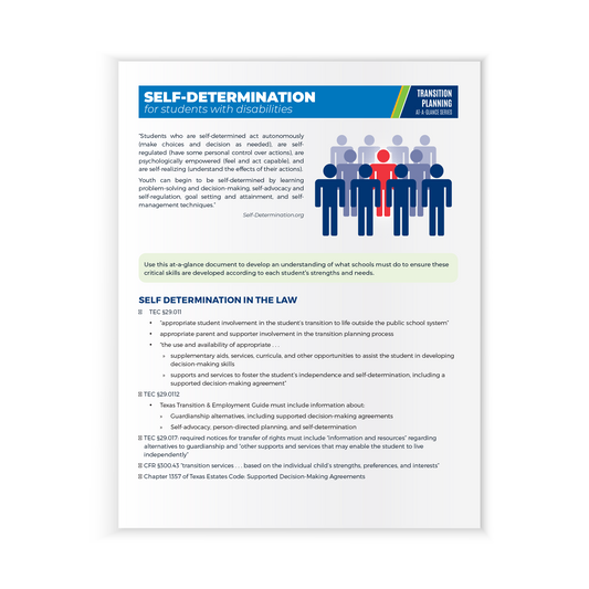 Preview of the first page of the Transition Planning At-A-Glance Series: Self-Determination (Paperback) featuring laws referenced in the guide.