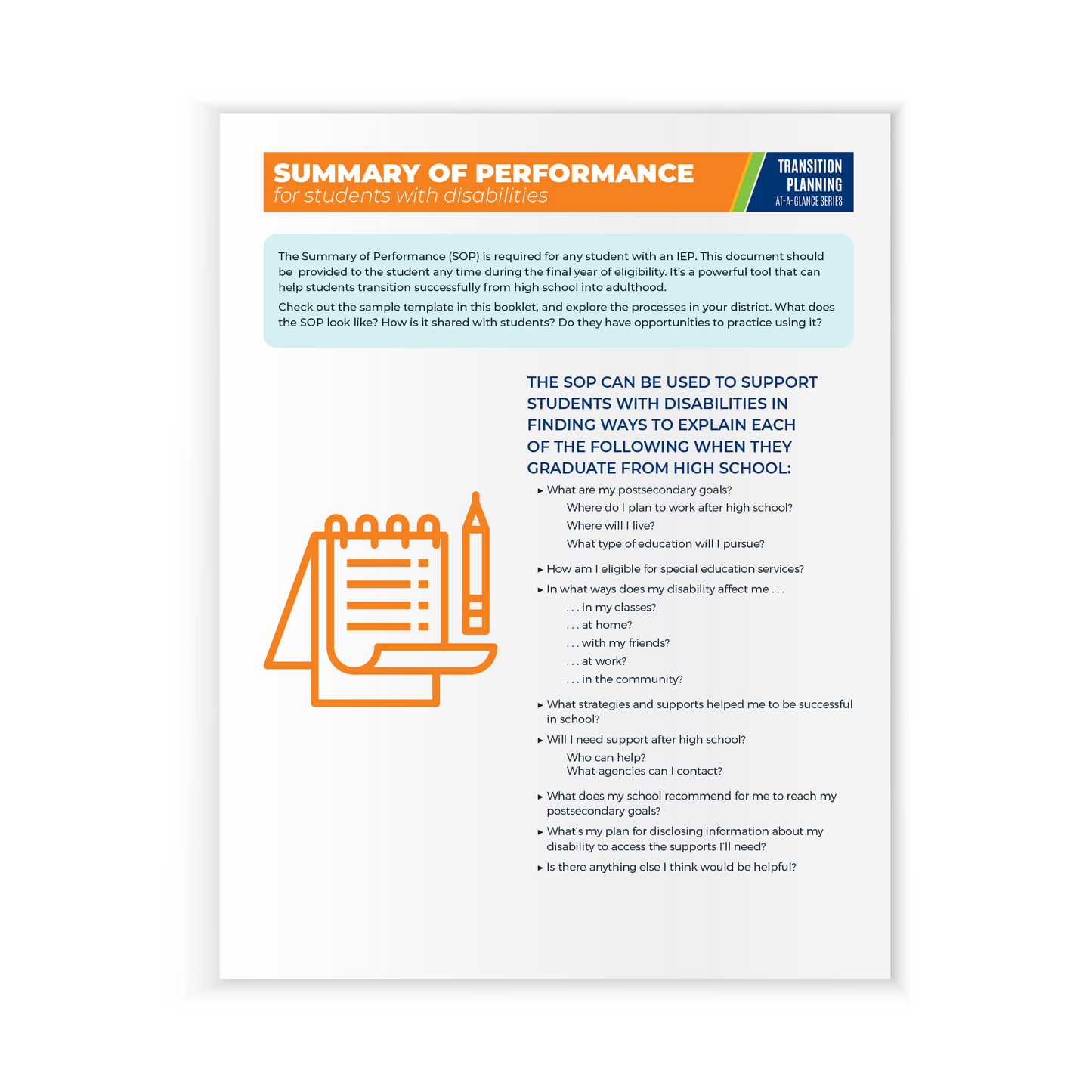 Preview of the first page of the Transition Planning At-A-Glance Series: Summary of Performance (SOP) (Paperback) featuring key supports the SOP provideds for students as they approach graduation. 