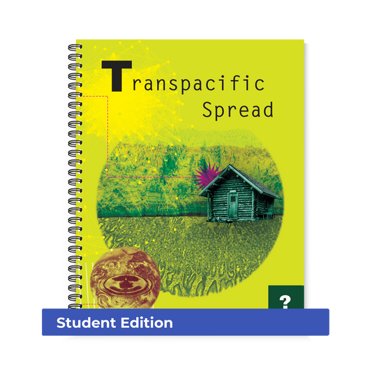 Previwe of the yellow front cover with a blue/green cabin on the front of the Region 13 The Transpacific Spread (Student Edition, Spiral-Bound) book.