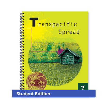 Previwe of the yellow front cover with a blue/green cabin on the front of the Region 13 The Transpacific Spread (Student Edition, Spiral-Bound) book.