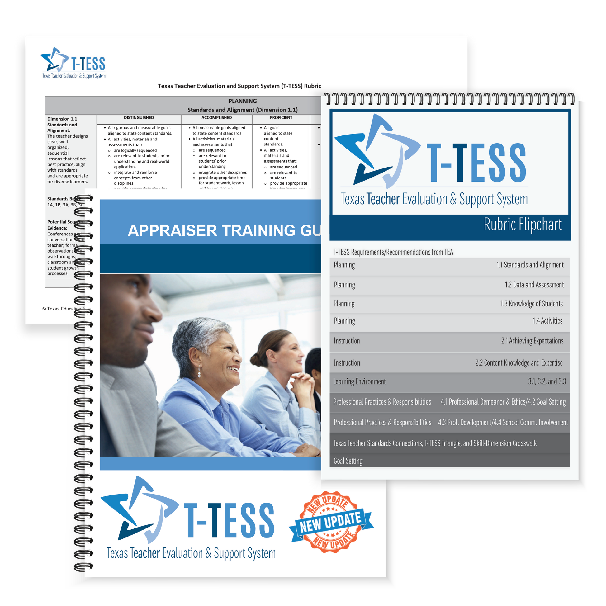 Preview of the blue and gray front pages and covers for three prodcuts included in the Region 13 T-TESS Appraiser Training Guide, T-TESS Rubric, and T-TESS Rubric Flipchart. 