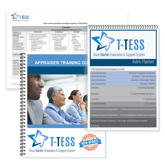 Preview of the blue and gray front pages and covers for three prodcuts included in the Region 13 T-TESS Appraiser Training Guide, T-TESS Rubric, and T-TESS Rubric Flipchart. 