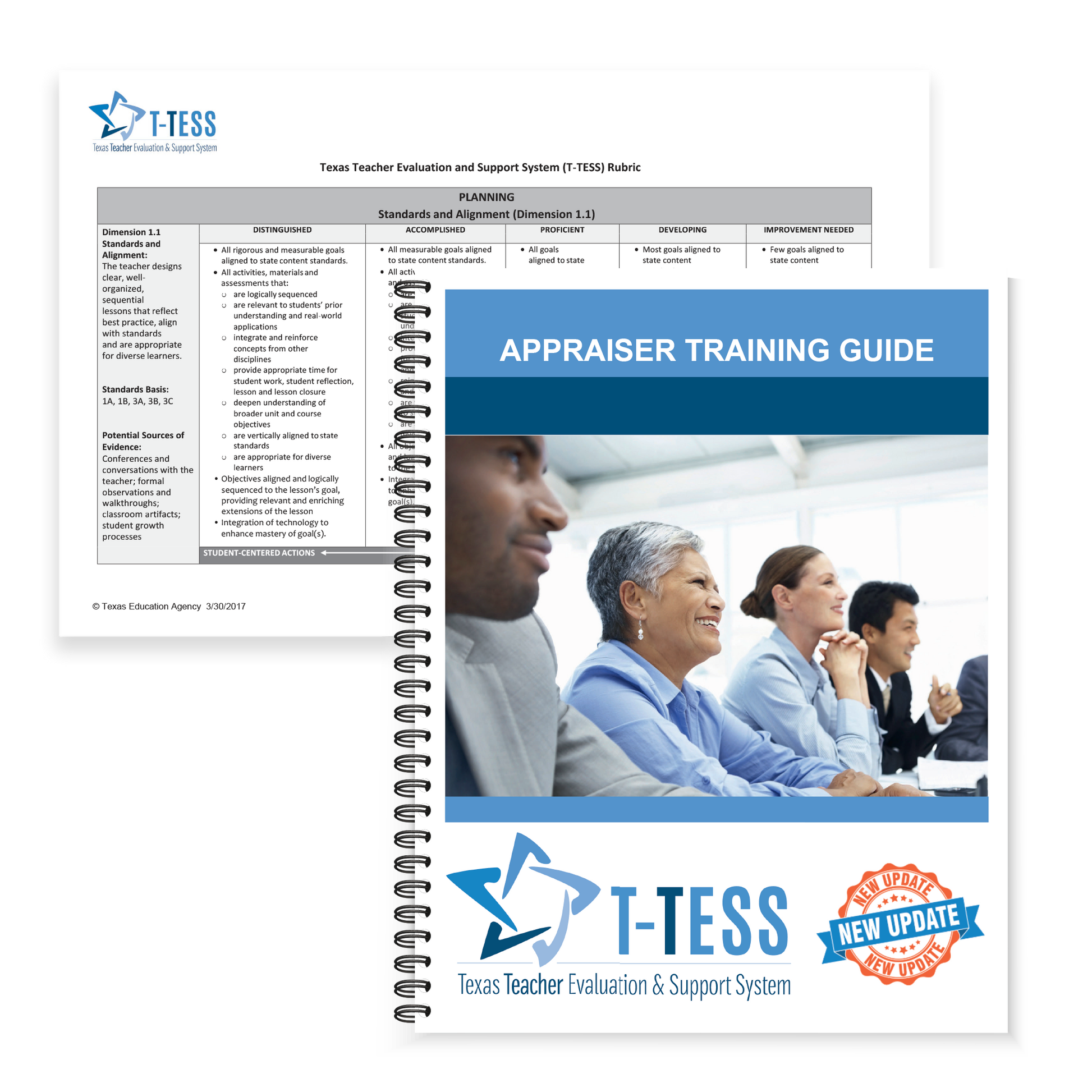 Preview of the blue and gray front pages and covers for two prodcuts included in the Region 13 T-TESS Appraiser Training Guide and T-TESS Rubric. 